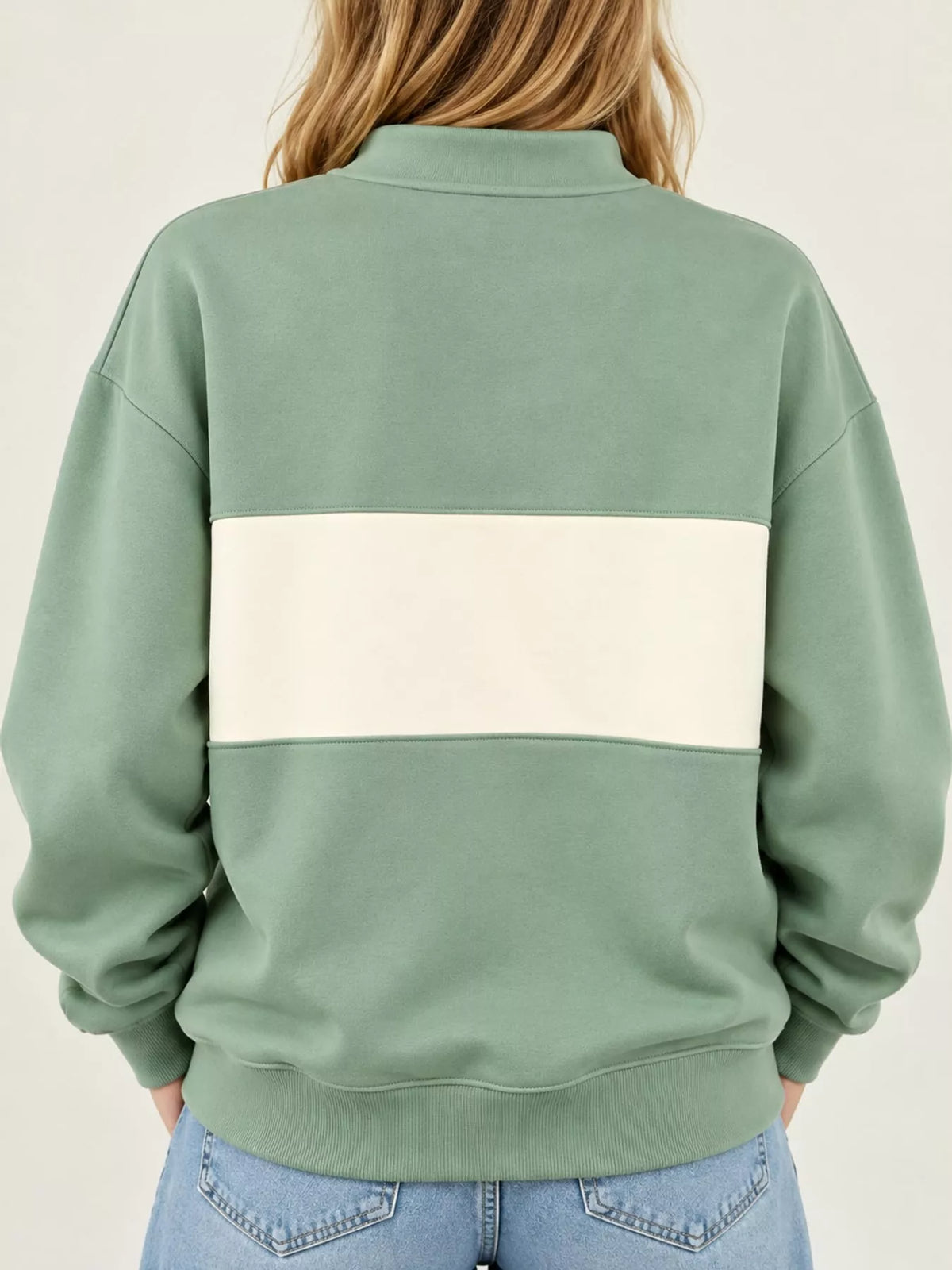 Green and cream color block snap-button sweatshirt, back view