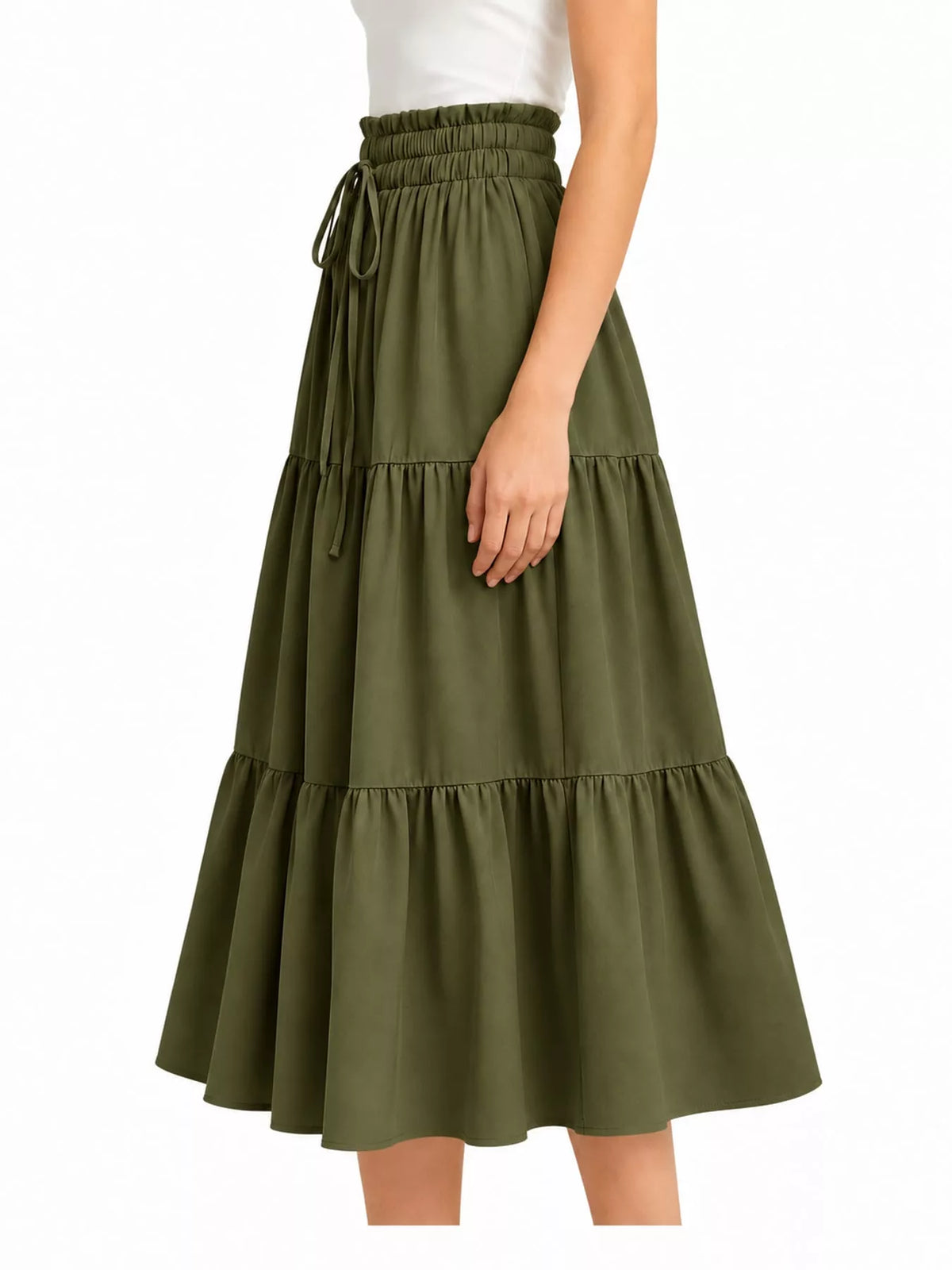 Olive drawstring tiered skirt — side view