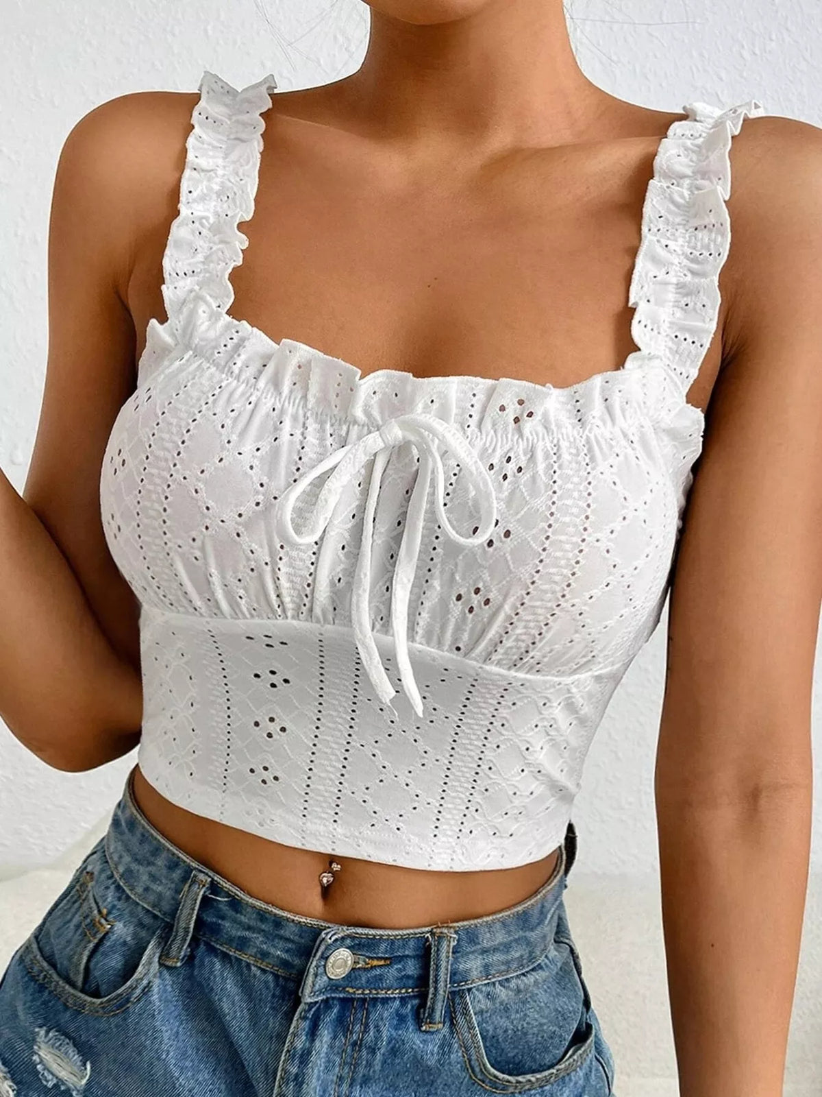 Eyelet tie-front tank, white front