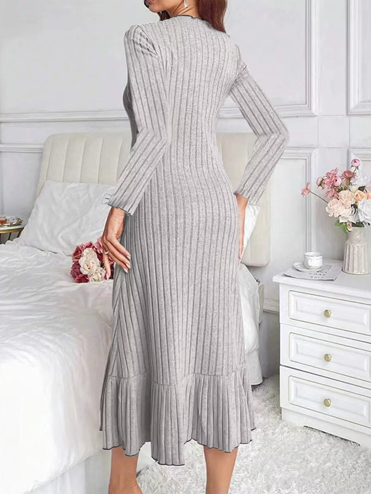 Gray ribbed knit ruffle-hem bodycon dress, back view