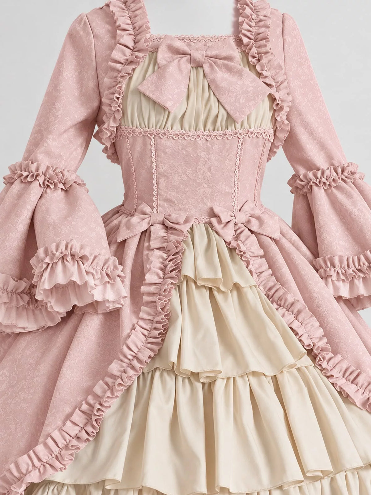 Vintage Lolita Ruffled Layered Dress, detail view in pink and cream