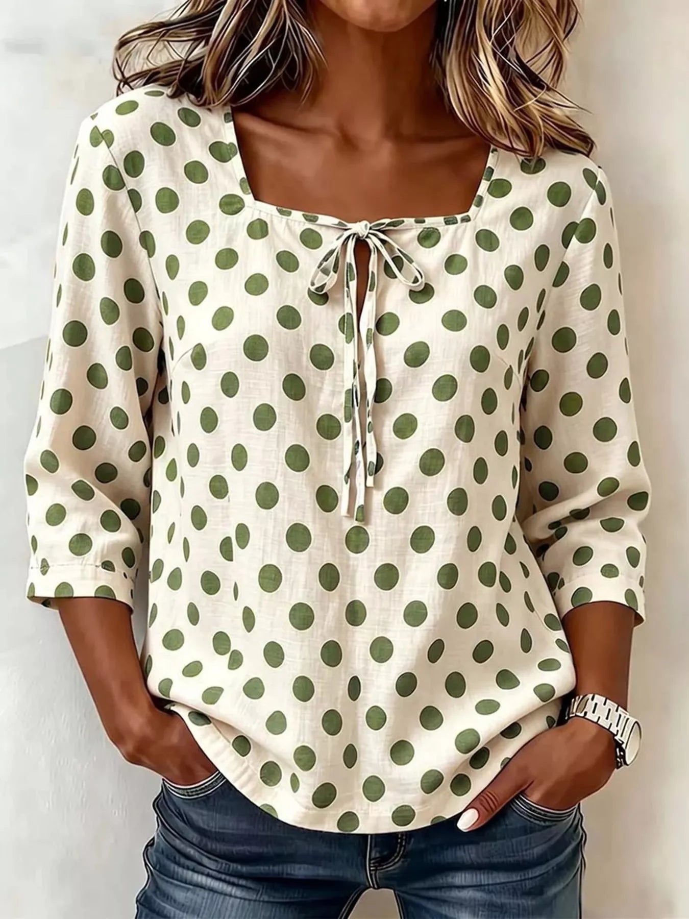 Trendsi Full Size Square Neck Polka Dot Blouse Plus Size -