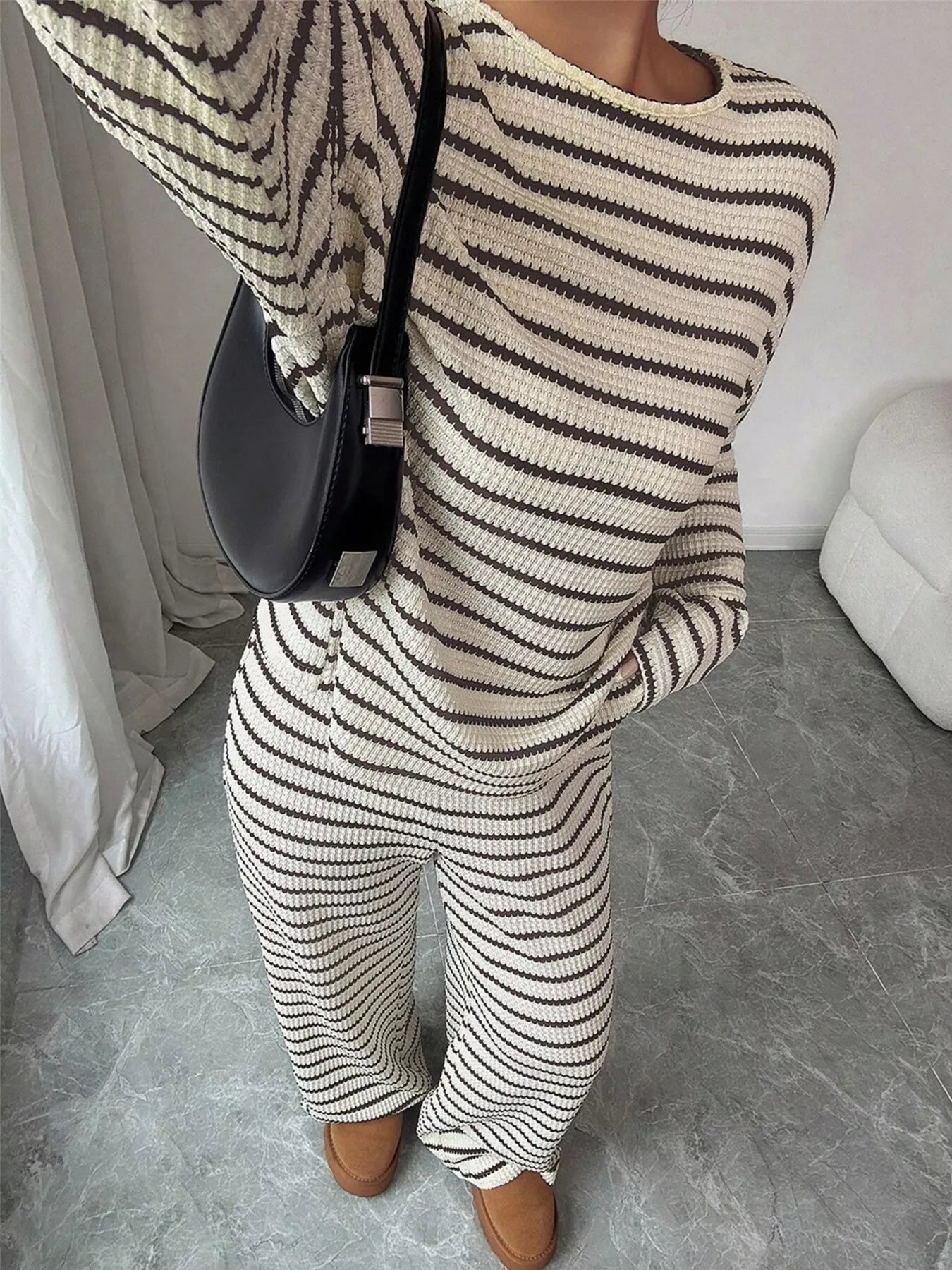 Trendsi Striped Knit Dropped Shoulder Top and Pants Set -