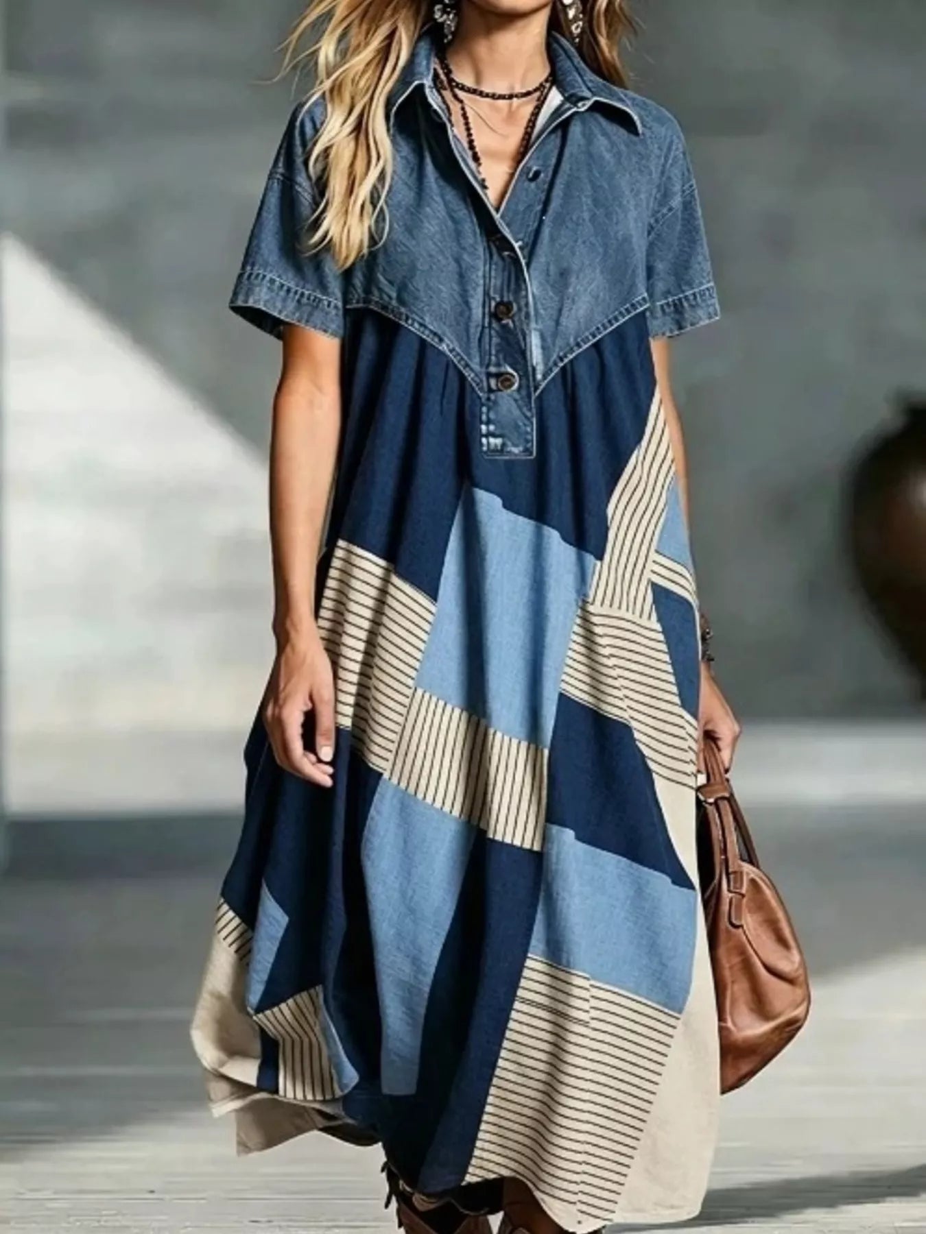 Trendsi Full Size Denim Patchwork Printed Shirt Dress Plus Size -