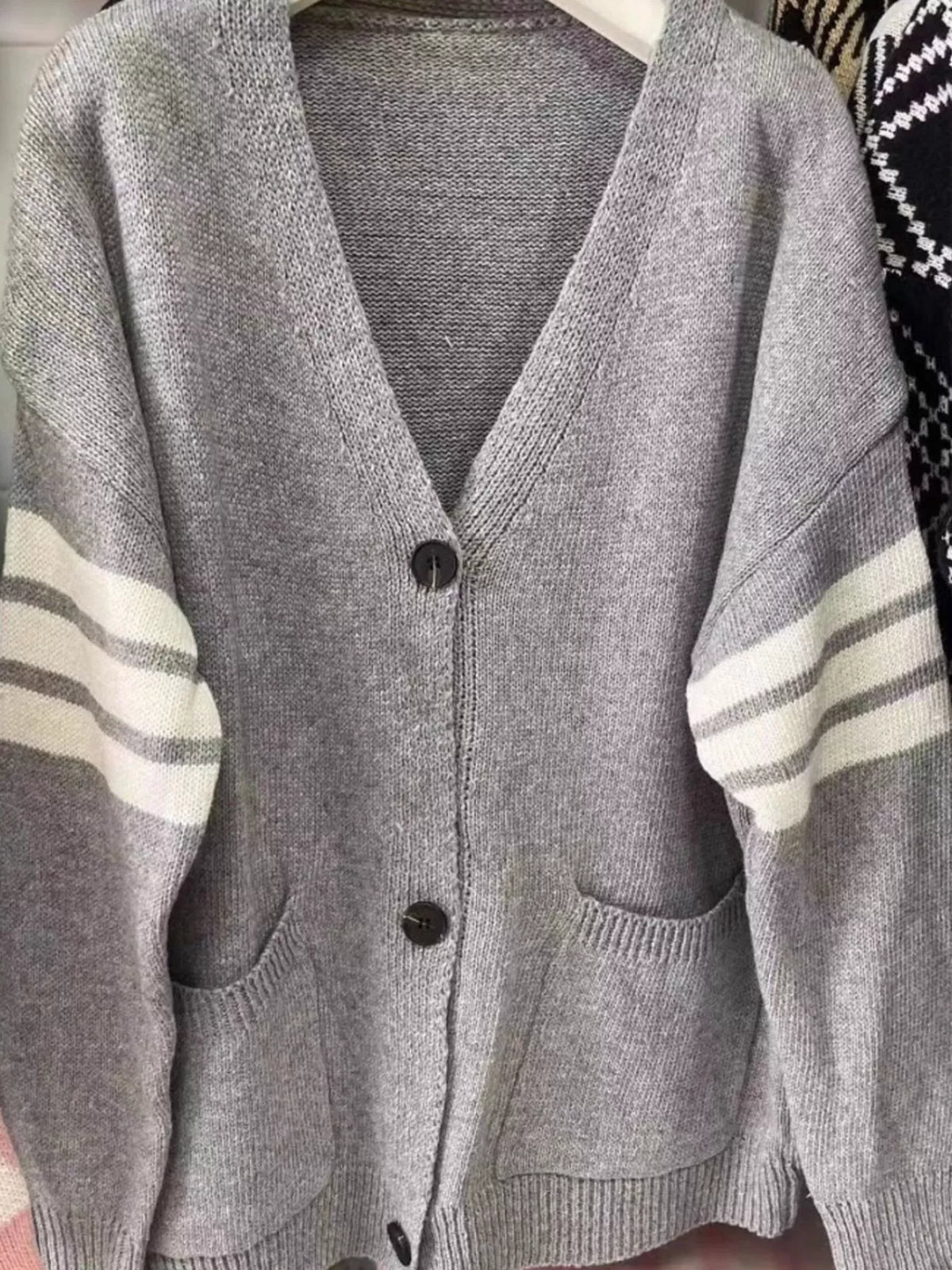 Stripes Long Sleeve V-Neck Cardigan, detail view in gray