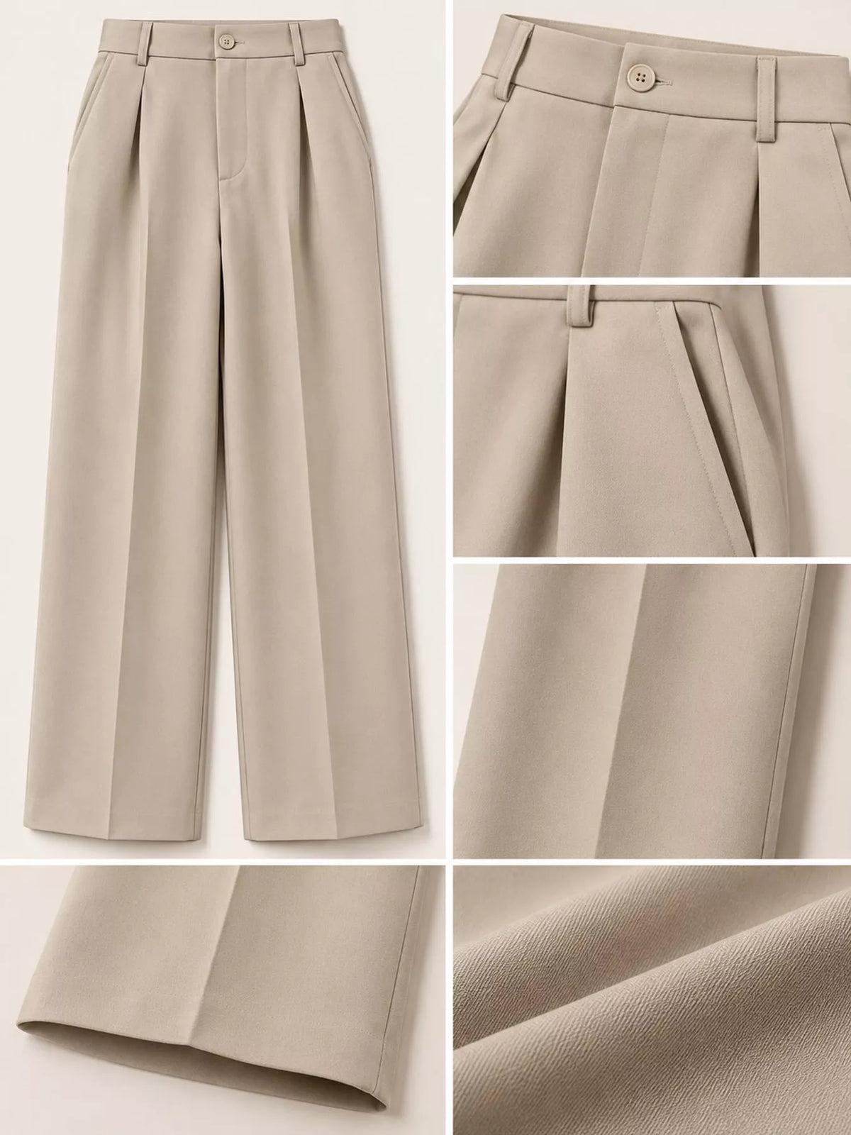 Women's Pleated Wide-Leg Trousers in beige — detail collage view