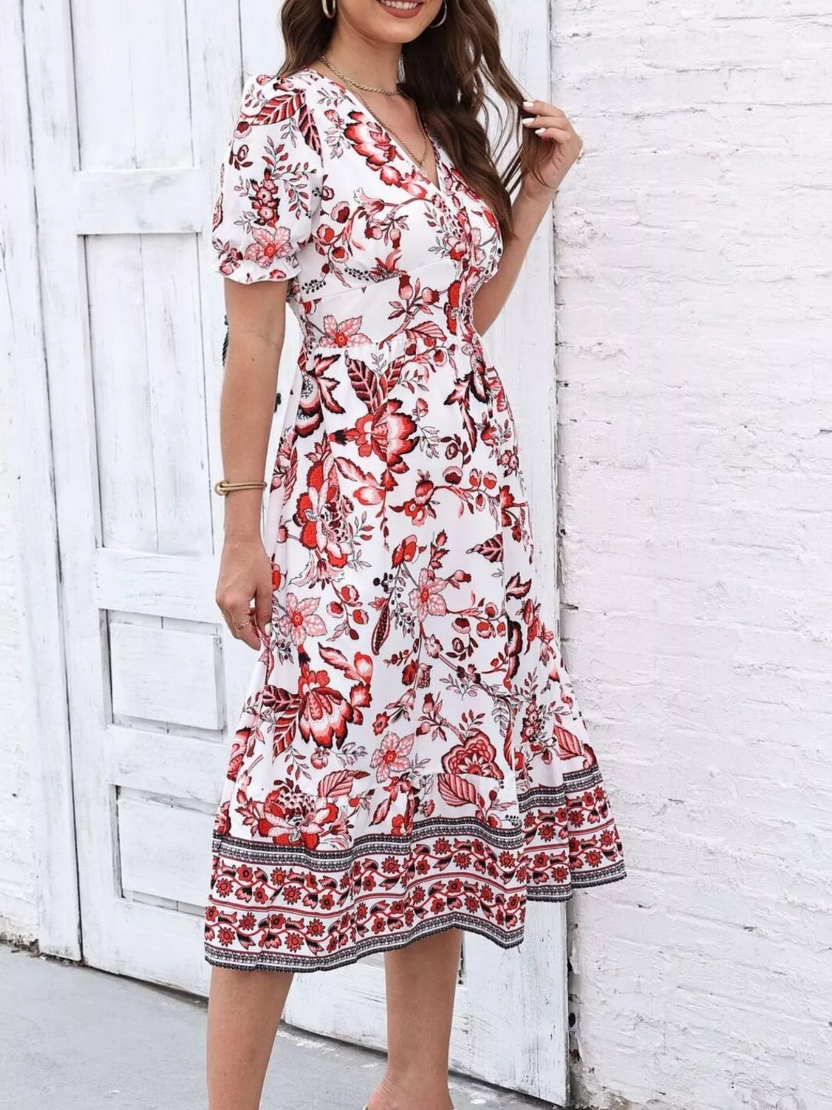 Trendsi Floral Print Puff Sleeve Wrap Midi Dress -