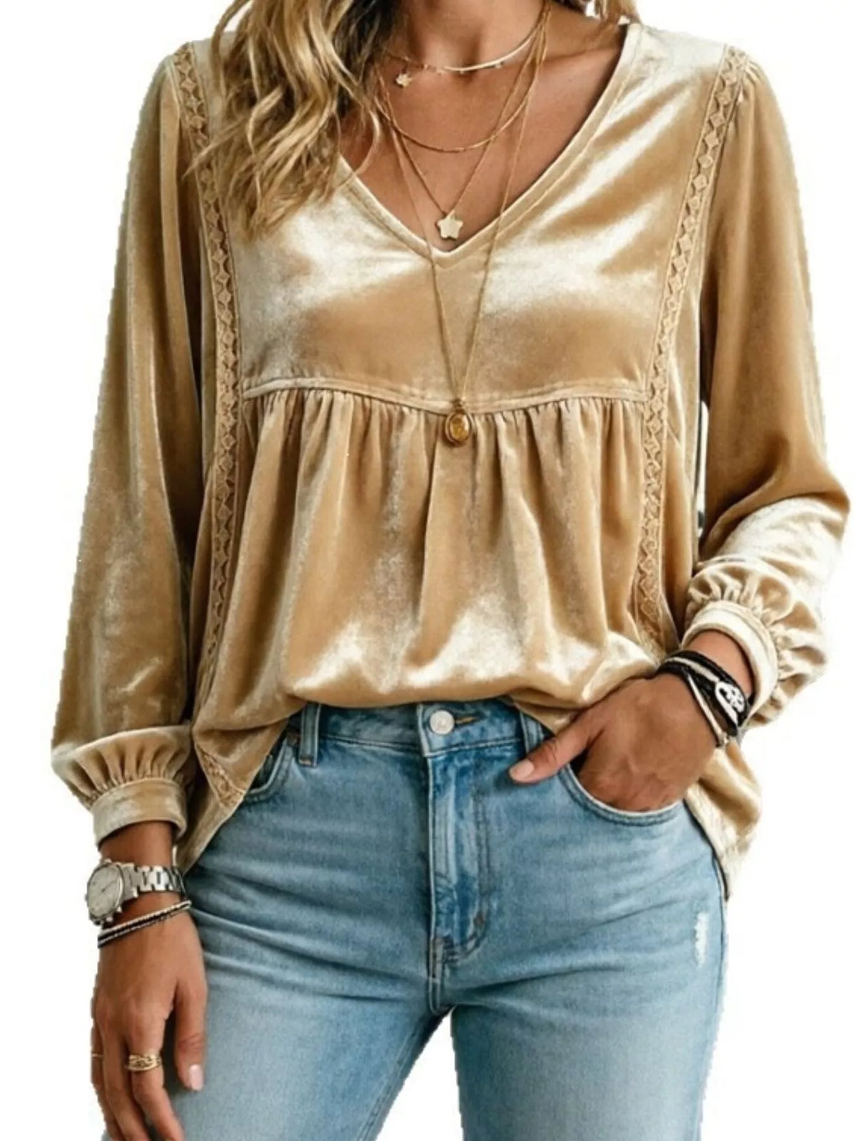Women's V-Neck Long-Sleeve Velvet Blouse with Lace Trim — alternate view 18