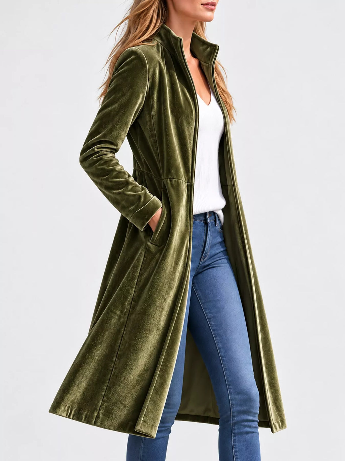 Olive Green velvet zip-up longline jacket