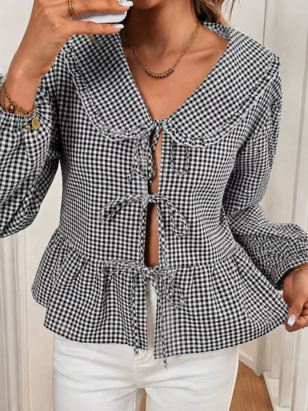 Black and white gingham tie-front peplum blouse, front view