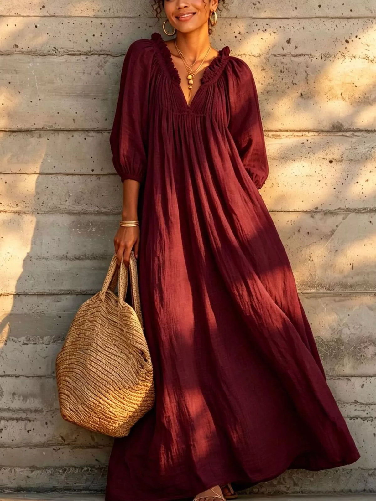 Burgundy tiered notched 3/4 sleeve maxi dress