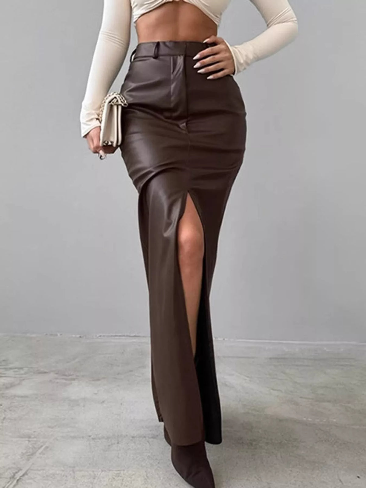High-Waisted Faux Leather Maxi Skirt with Front Slit — front view