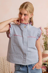 Trendsi SO ME Stripe Twill Stitch Ruffled Hidden Button Vest Top -