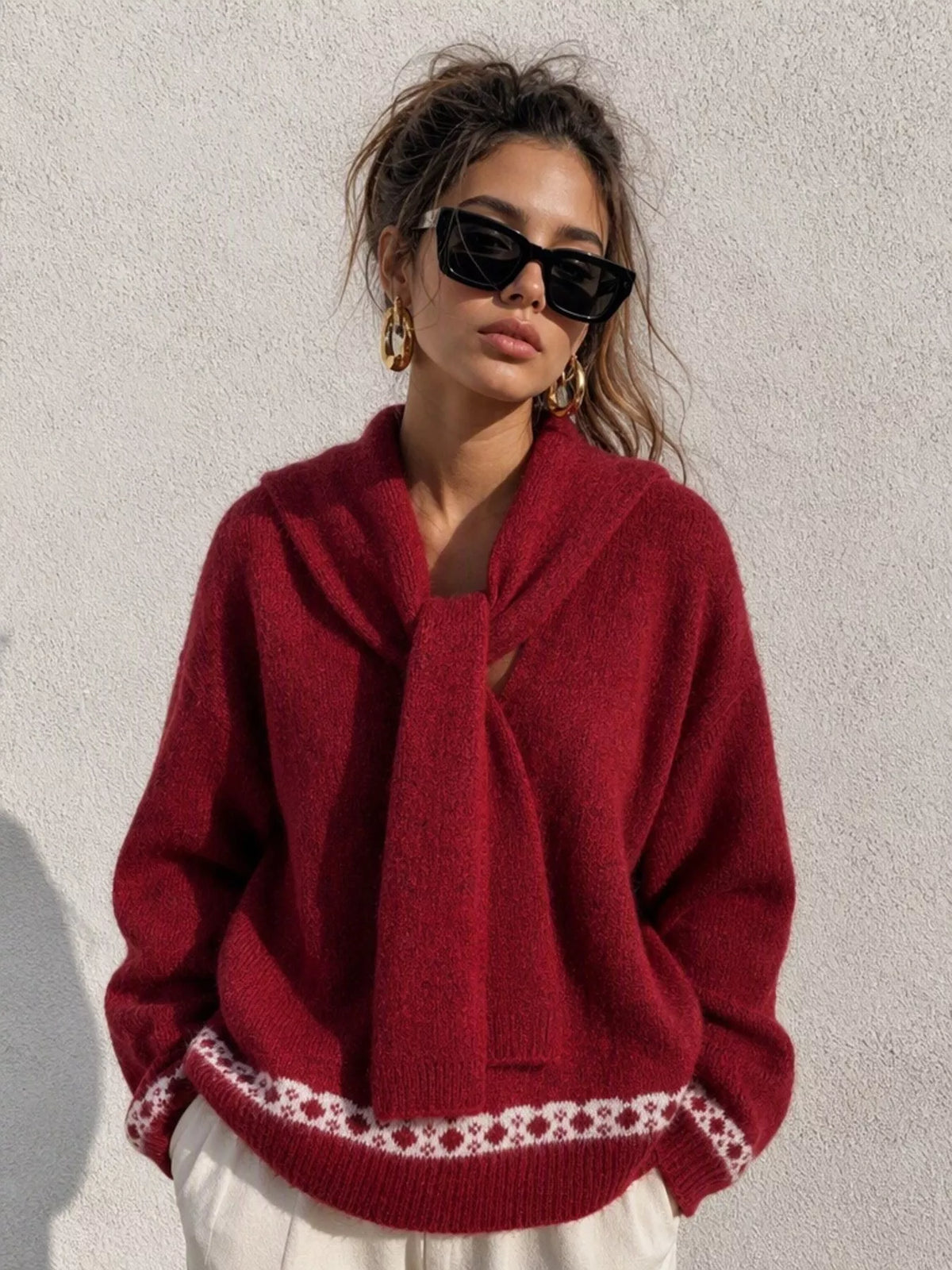 Red scarf-detail dropped-shoulder sweater, standing front view.