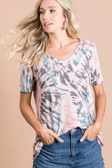 Trendsi BiBi Tie Dye Print Terry Deep U Neck Top -