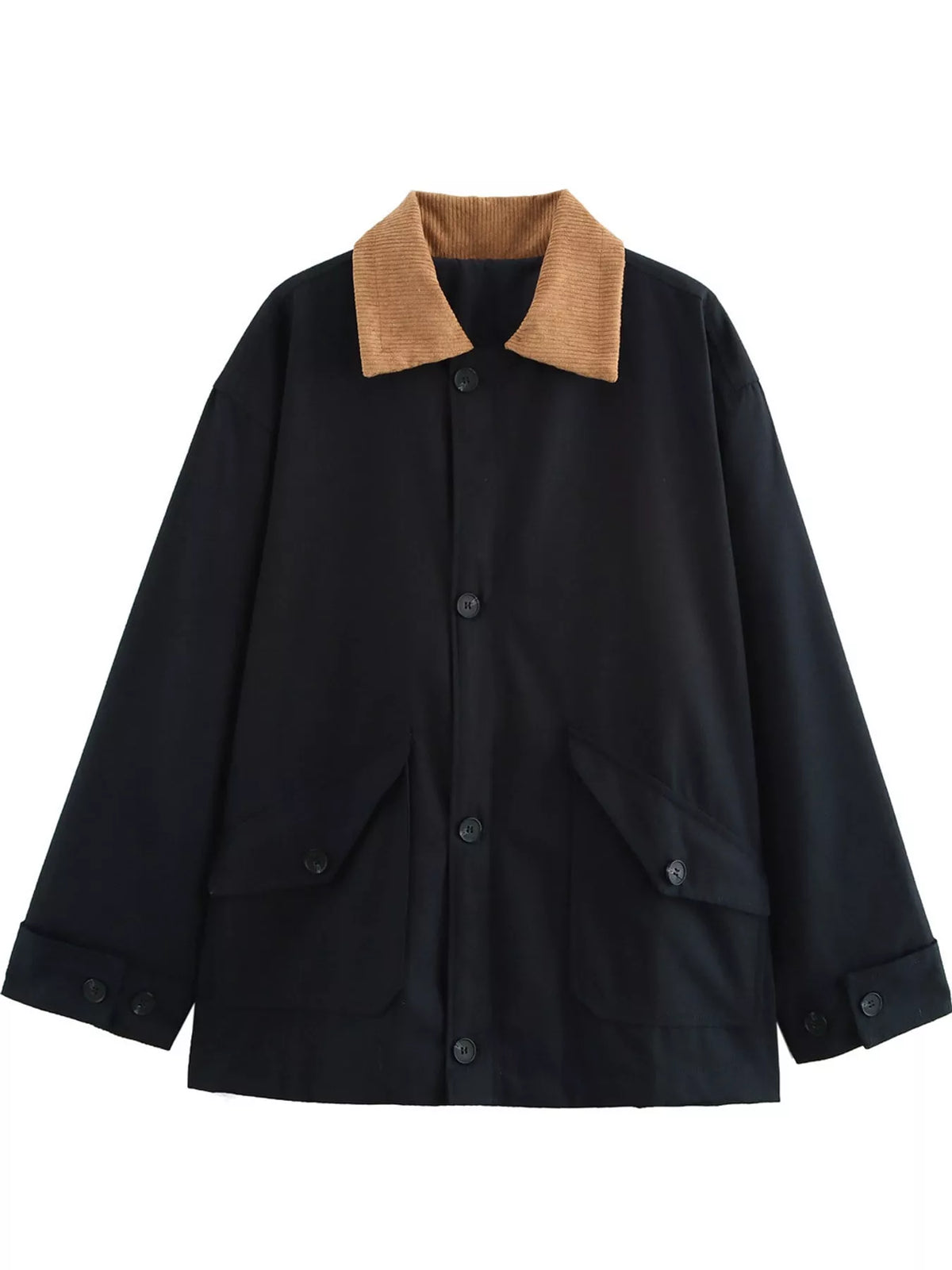 Black contrast corduroy collar button-up jacket — front view