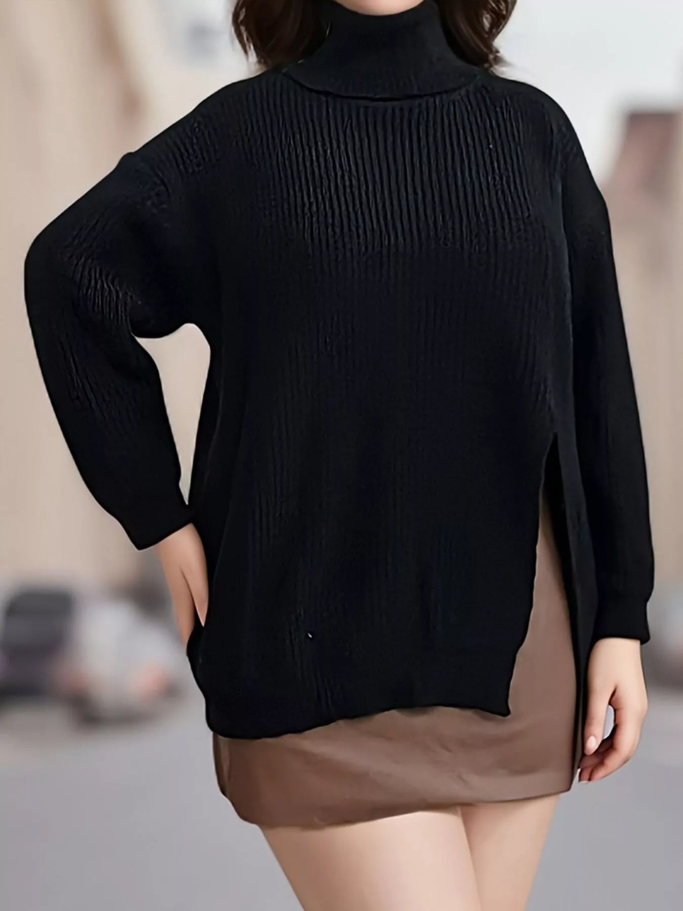 Trendsi Plus Size Side Slit Ribbed Turtleneck Sweater -