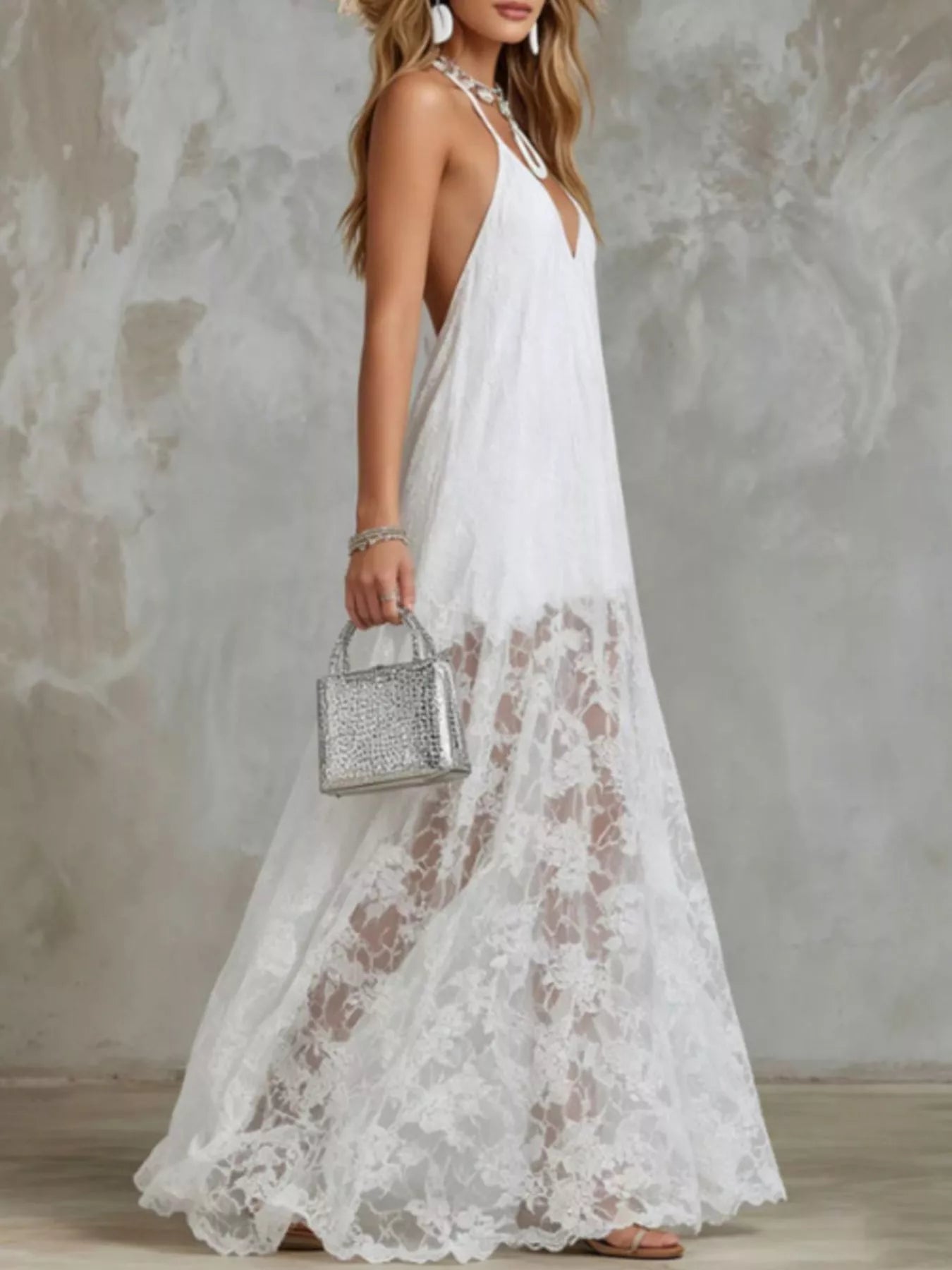 Halter-neck lace-hem maxi dress