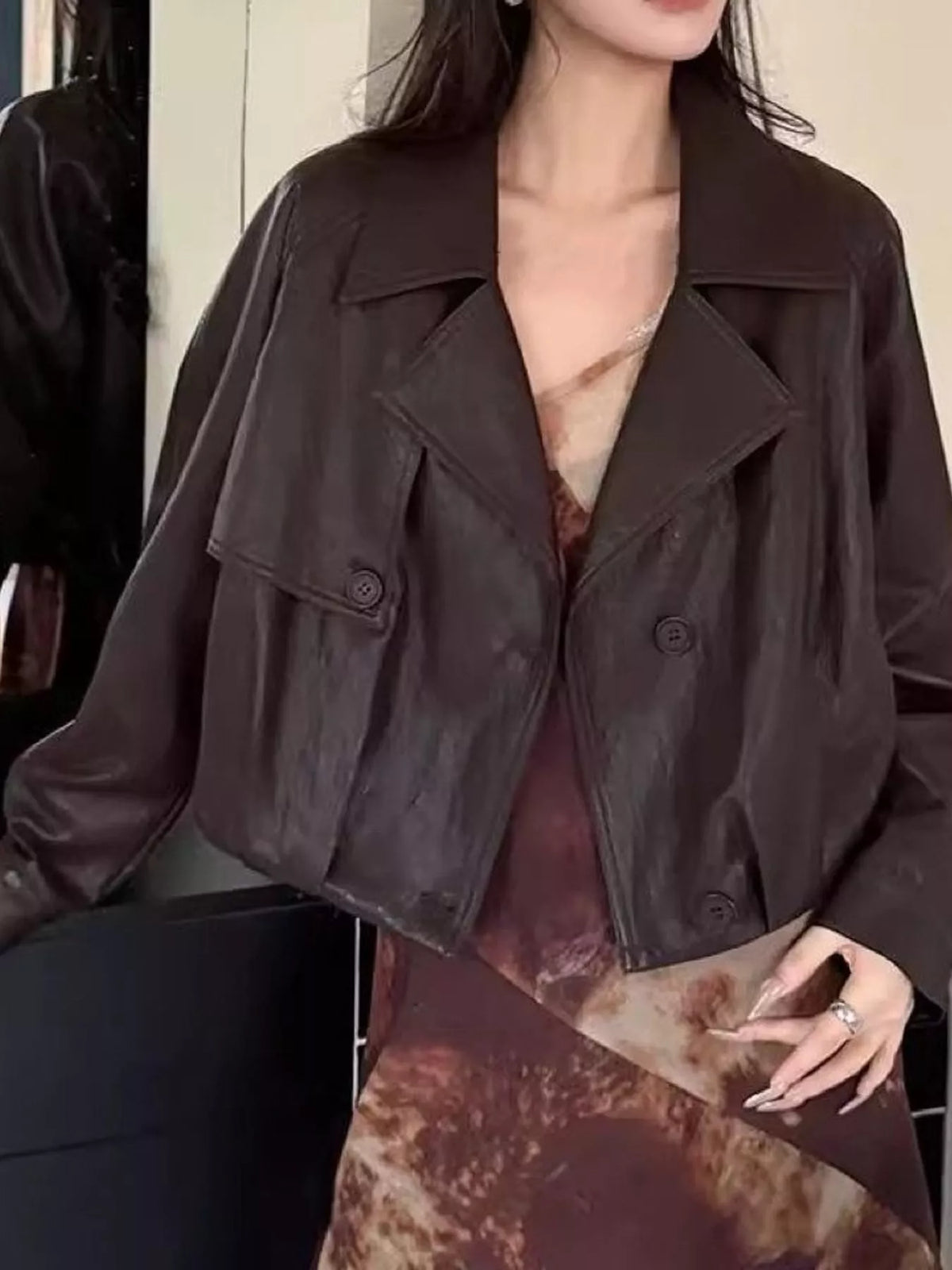 Collared long sleeve jacket, front view on model