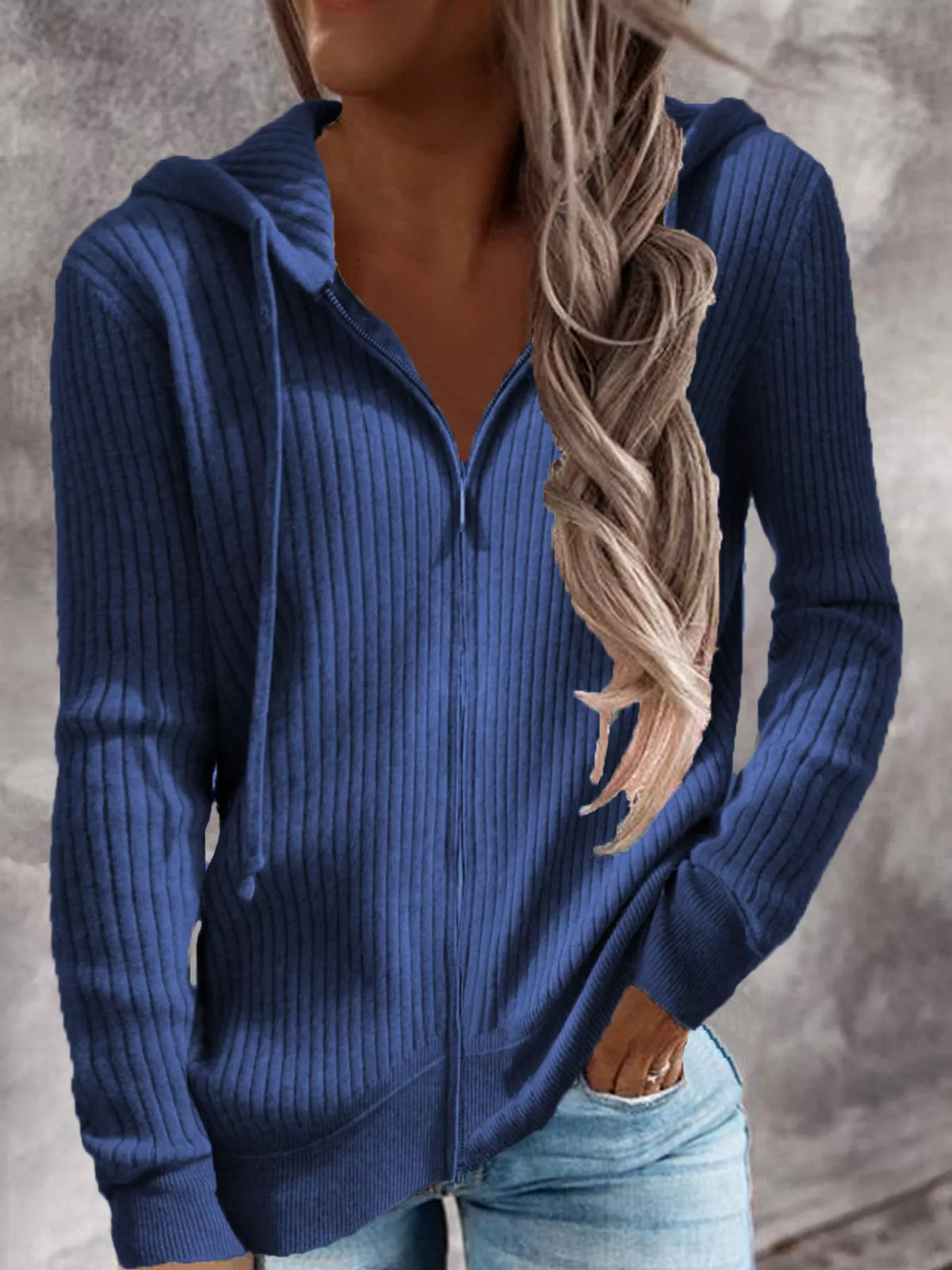 Blue Ribbed Knit Zip-Up Hooded Cardigan, front view