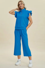 Trendsi Double Take Full Size Texture Ruffle Short Sleeve Top and Wide Leg Pants Set -