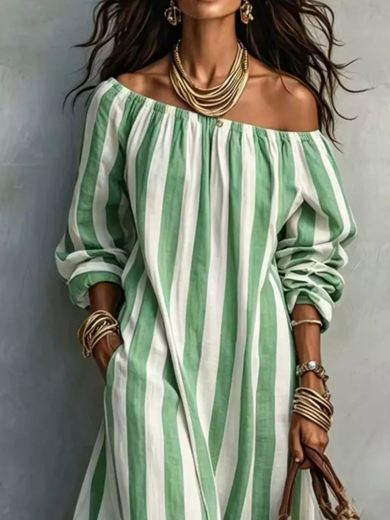 Trendsi Off-Shoulder Striped Dress with Pockets -