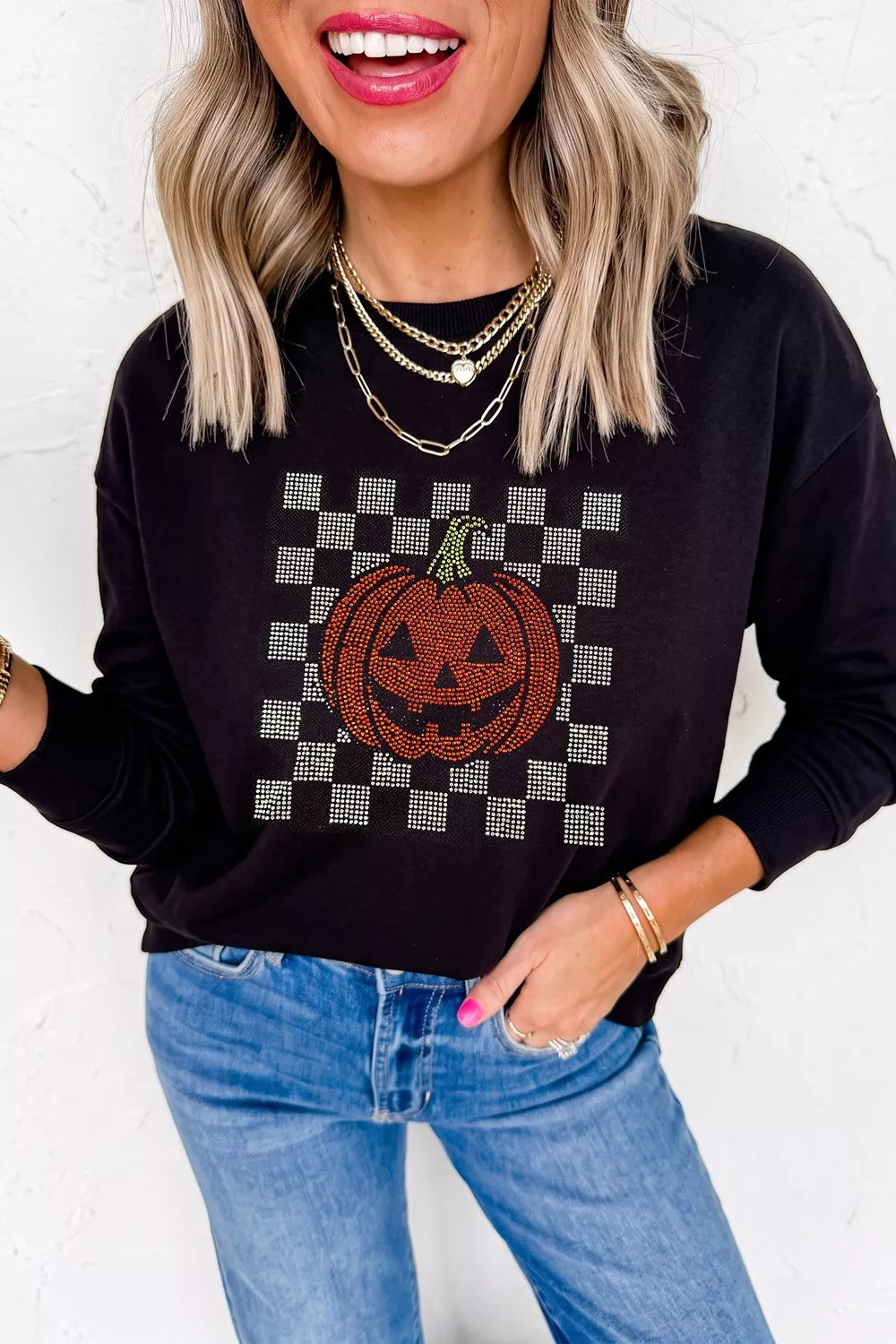 Trendsi Rhinestone Pumpkin Long Sleeve Sweatshirt -