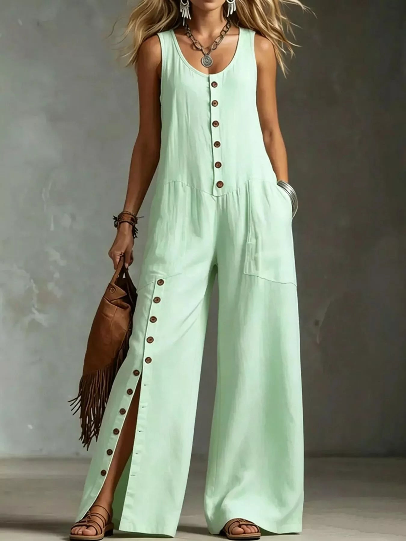 Trendsi Full Size Sleeveless Button-Down Wide-Leg Jumpsuit Plus Size -