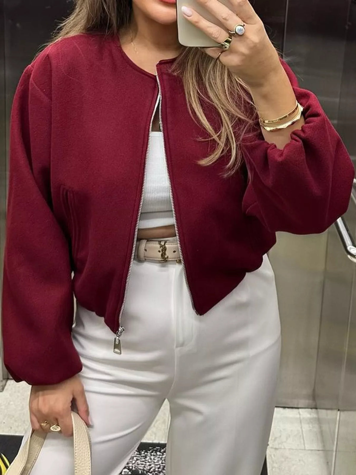 Cropped Round-Neck Zip-Up Jacket — front view