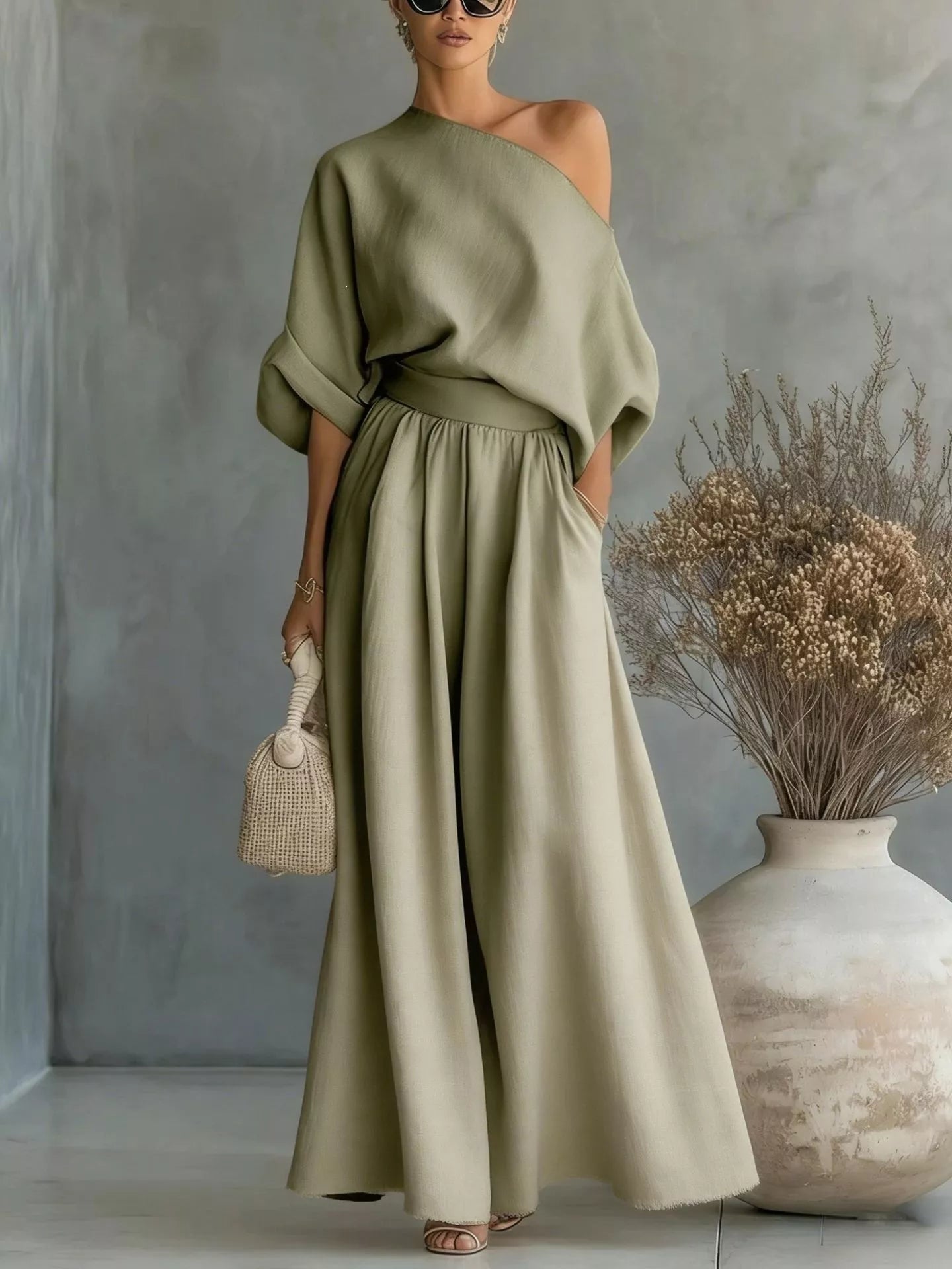 Trendsi Full Size One Shoulder Top and Wide Leg Pants Set Plus Size -