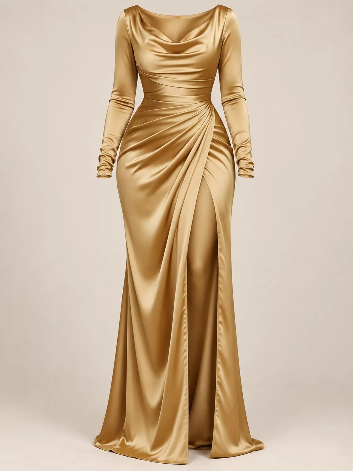 Champagne satin cowl neck high slit maxi dress, front view