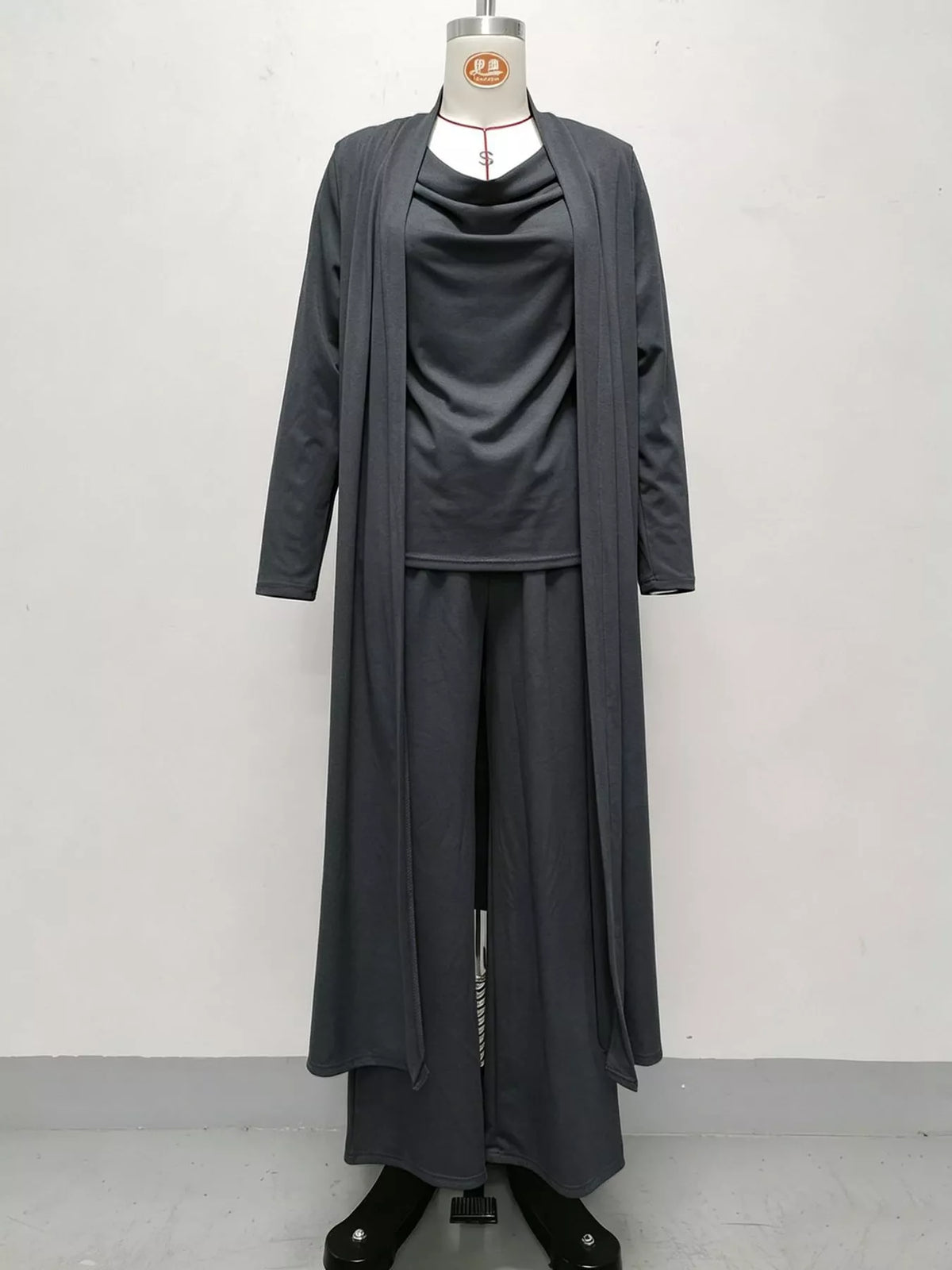 Gray cowl neck top, cardigan and pants set, front view