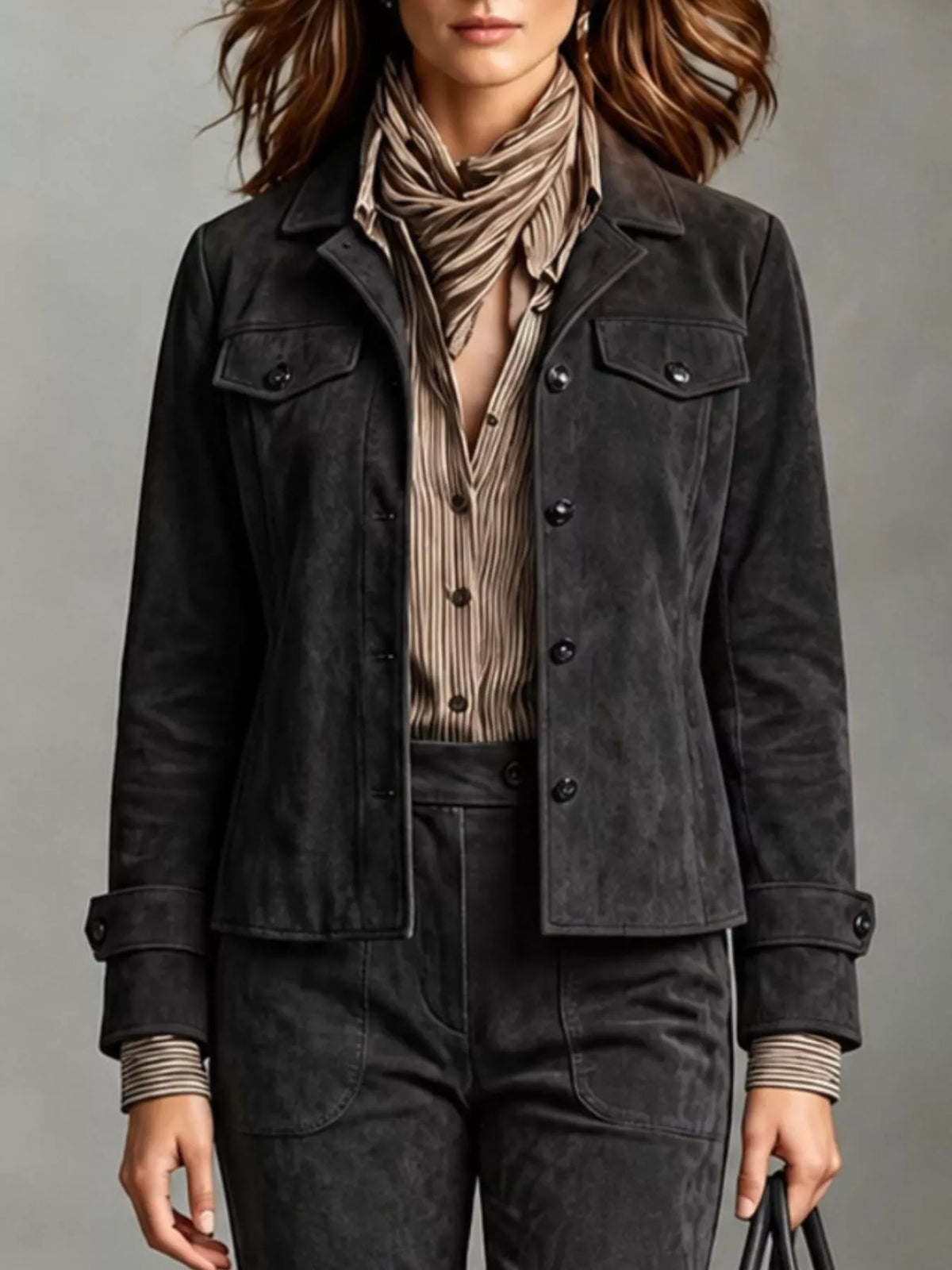 Black faux-suede button-front utility blazer, button-front view.