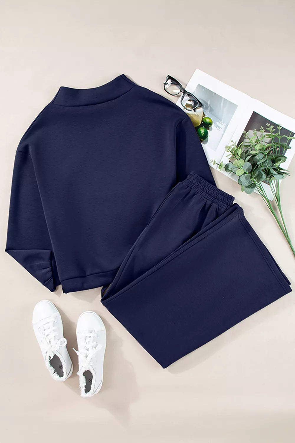 Trendsi Solid Color Cowl Neck Drawstring Pullover Wide Leg Athleisure Pants Set -