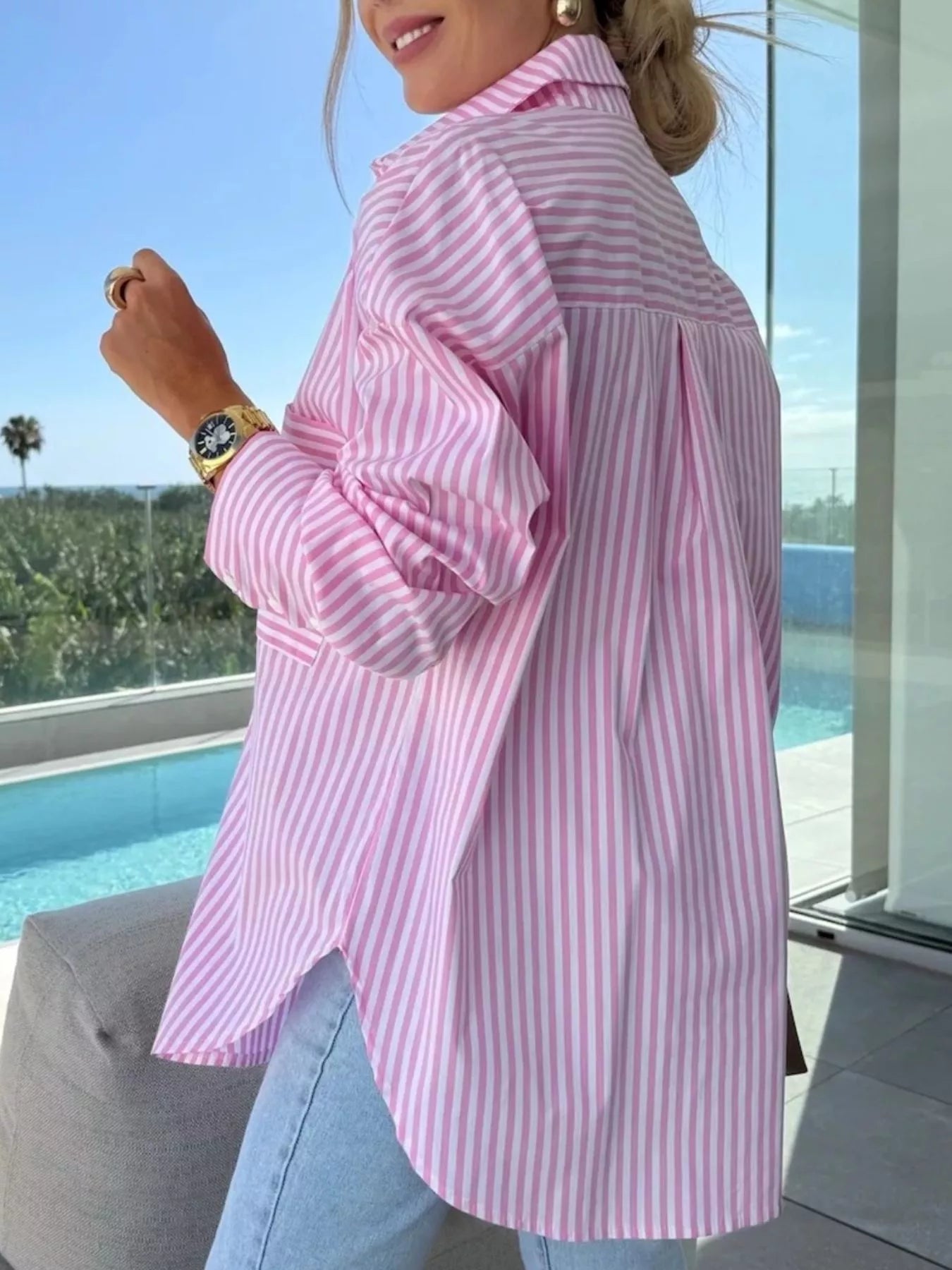 Trendsi Striped Button Up Long Sleeve Shirt -