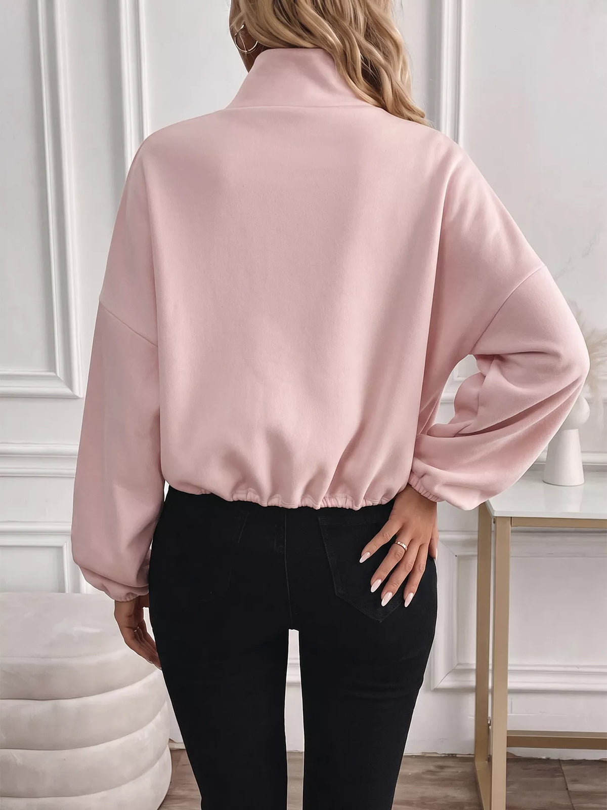 Zip-Up Drawstring Hem Sweatshirt — back view