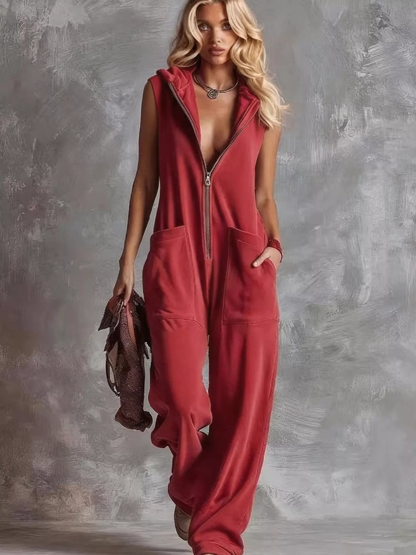 Trendsi Sleeveless Hooded Zip-Front Casual Jumpsuit -