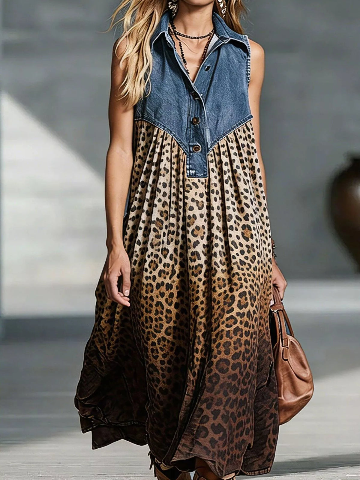 Sleeveless denim patchwork midi dress