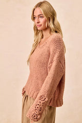 Trendsi BiBi Chunky Knit Sweater with Flower Detail Sleeves -