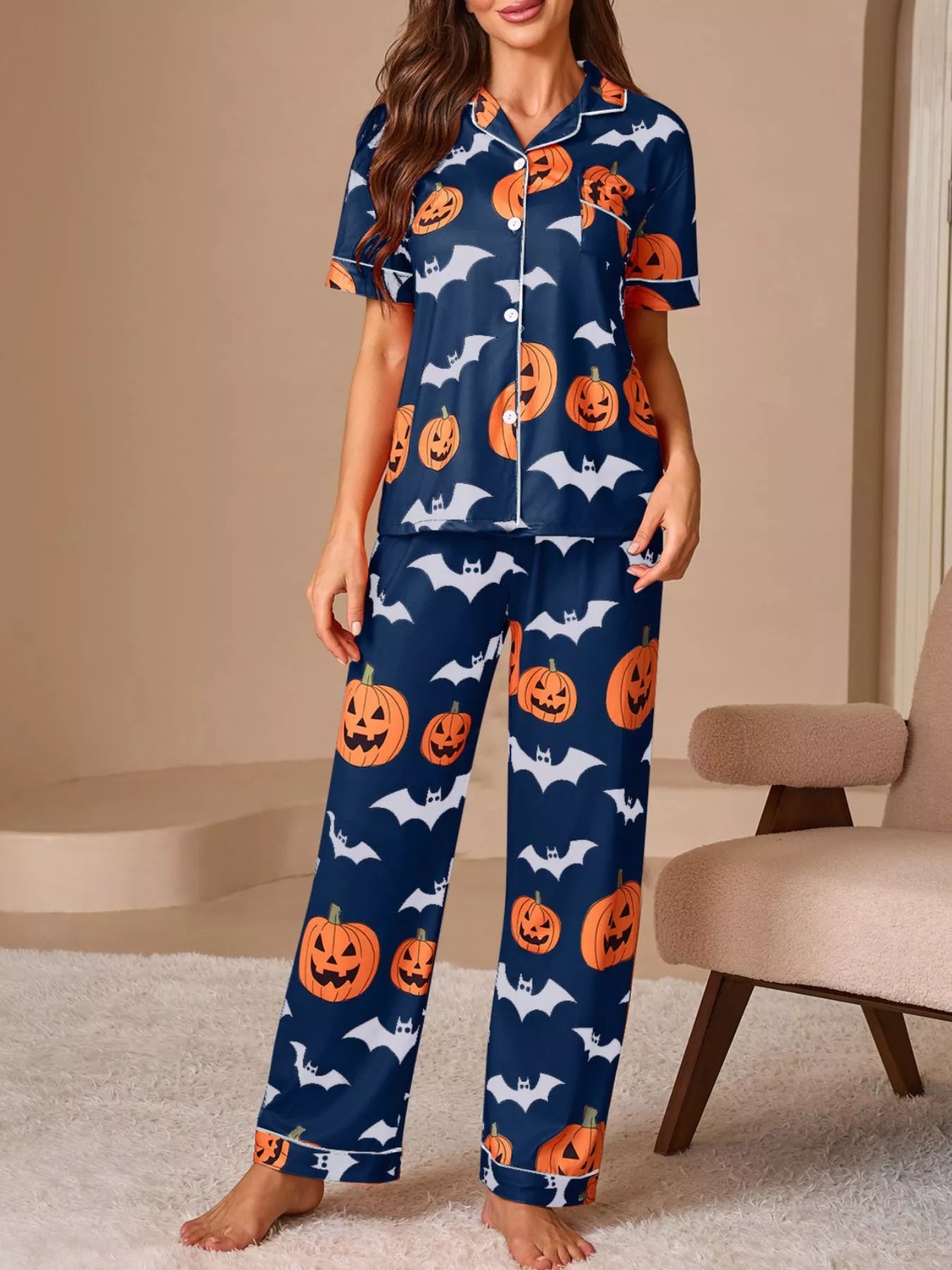 Trendsi Halloween Pumpkin and Bat Print Button-Down Top and Pants Lounge Set -
