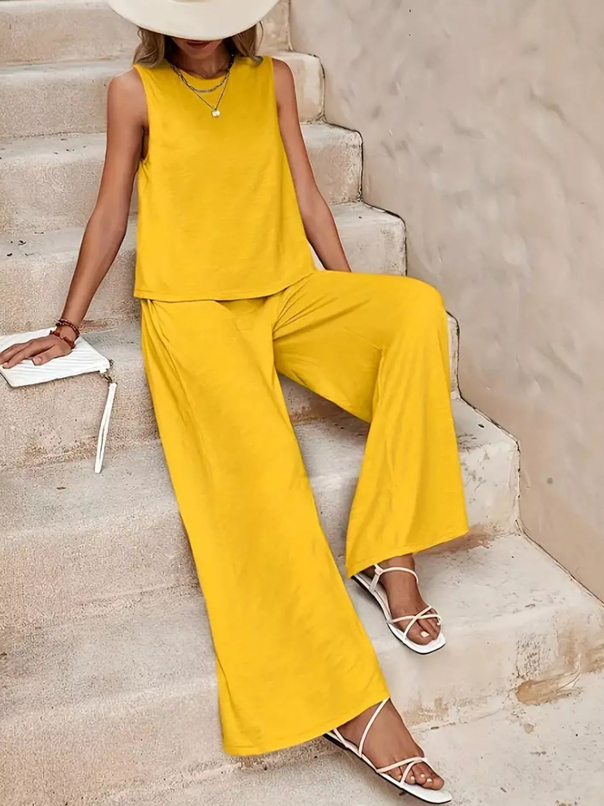 Sleeveless Tank Top and Wide-Leg Pants Set — front view