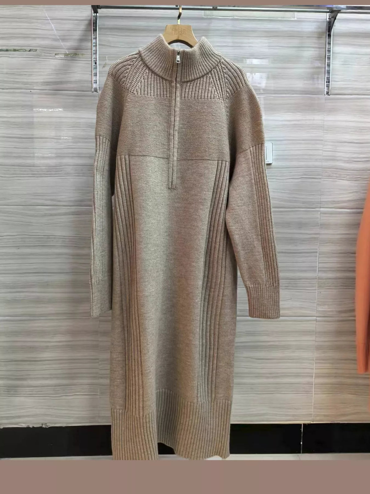 Taupe half-zip ribbed knit sweater dress — front view
