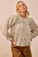 Trendsi BiBi Floral Printed Peplum Blouse with Shirring and Tied -
