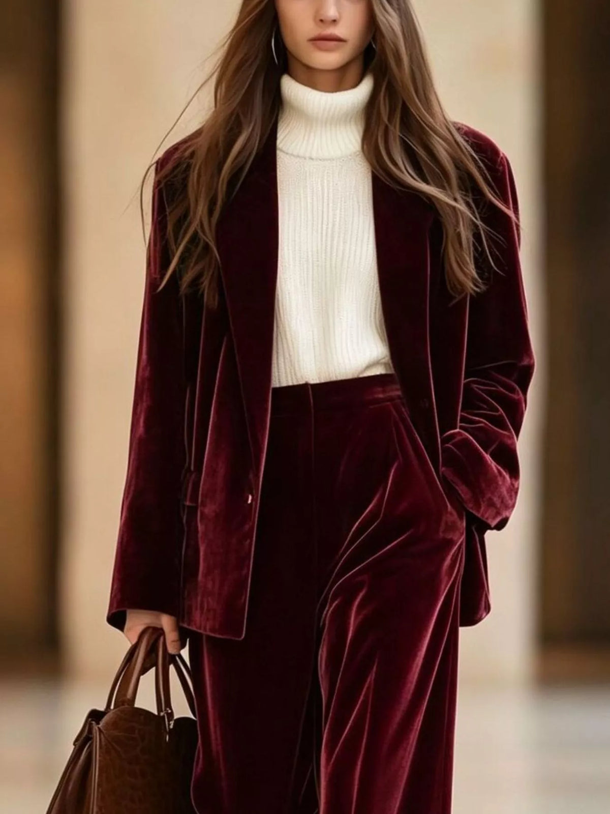 Burgundy velvet blazer and wide-leg pants set, blazer and waist detail