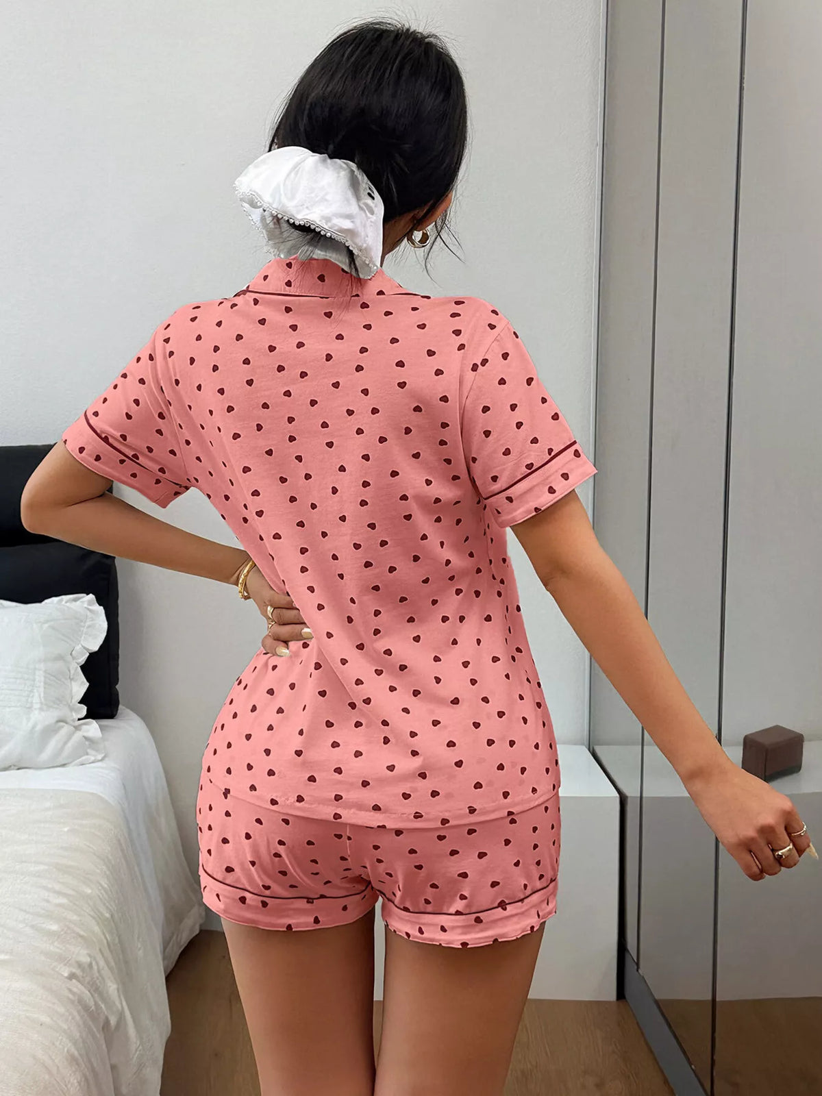 Trendsi Heart Print Button-Down Short Sleeve Top and Shorts Lounge Set -