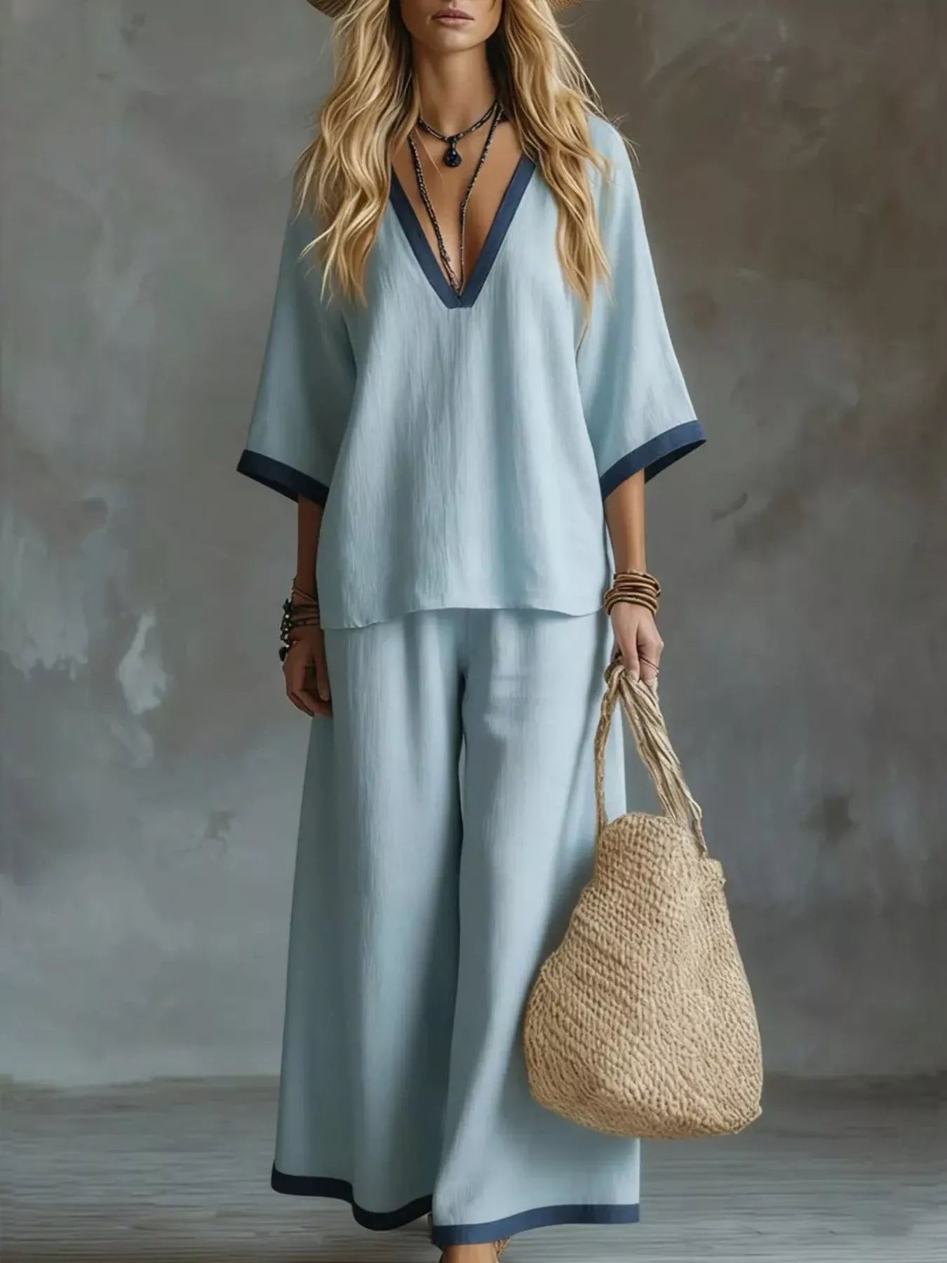 Trendsi Full Size Contrast Trim V-Neck Top and Pants Set Plus Size -