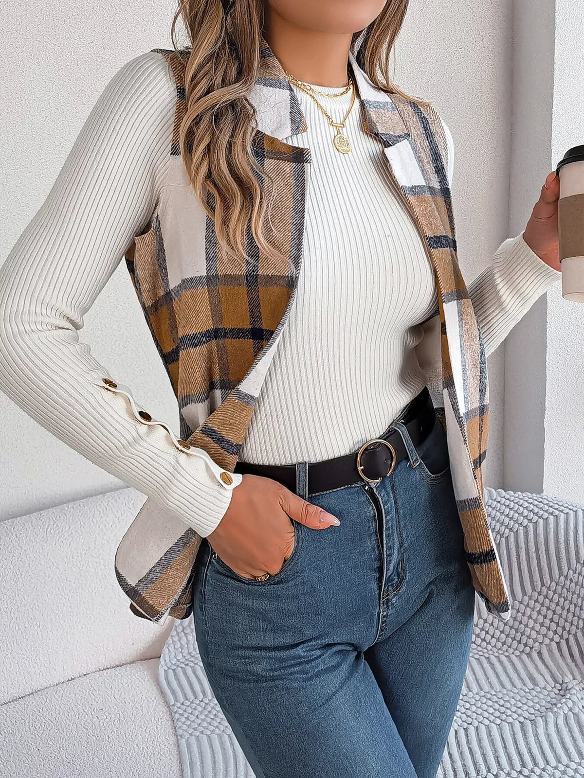 Khaki Color plaid open front vest