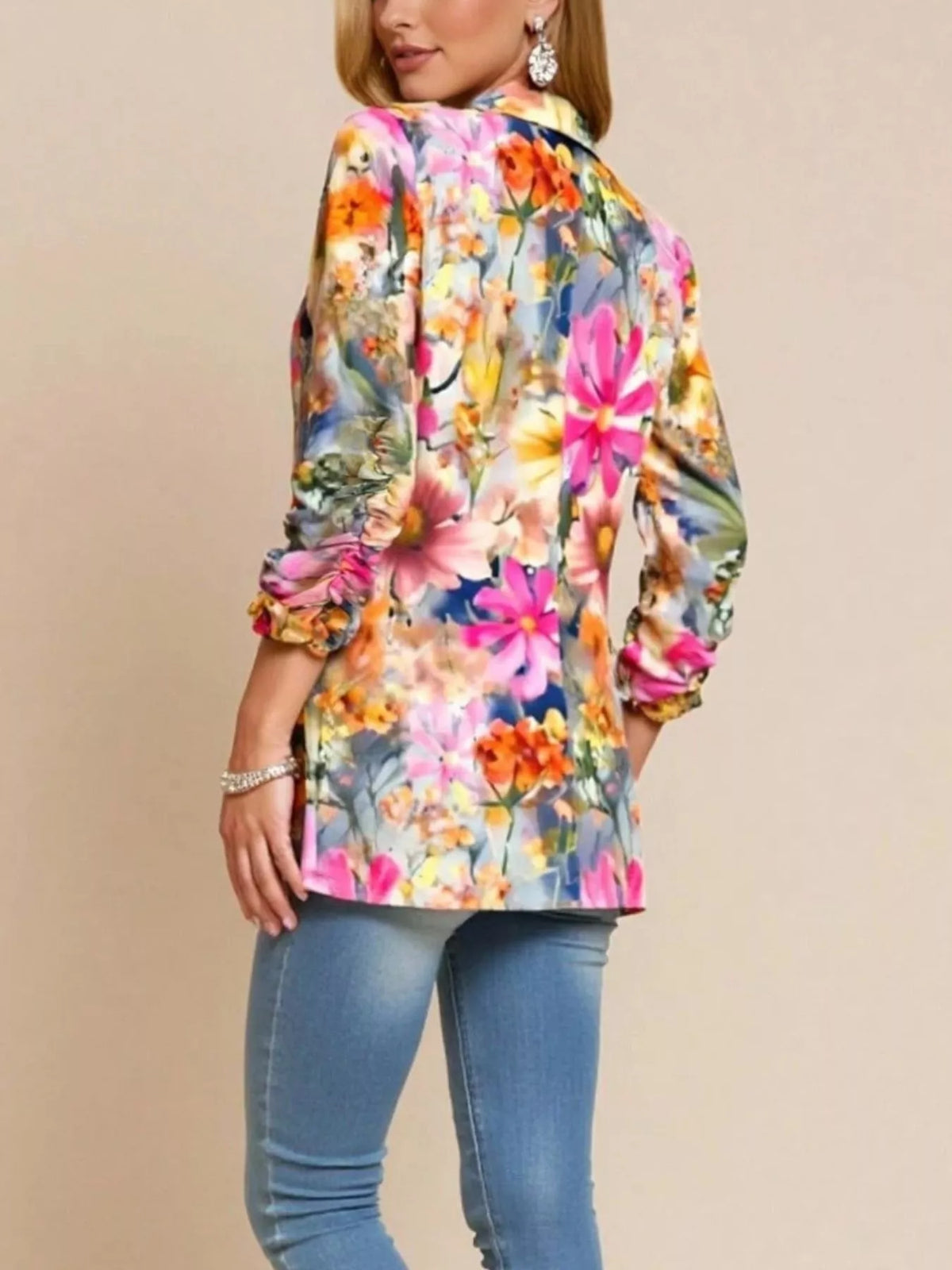 Hot Pink floral print button up blazer, back view