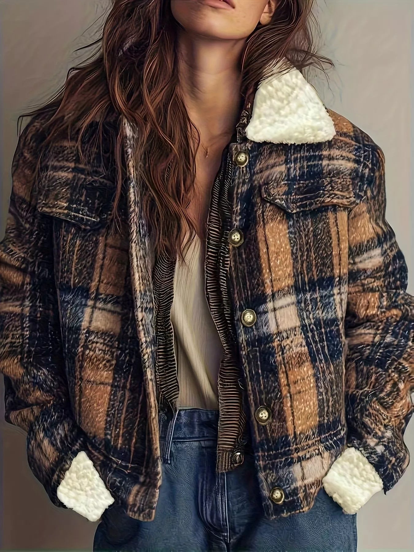 Women's sherpa-lined plaid button-down outerwear jacket