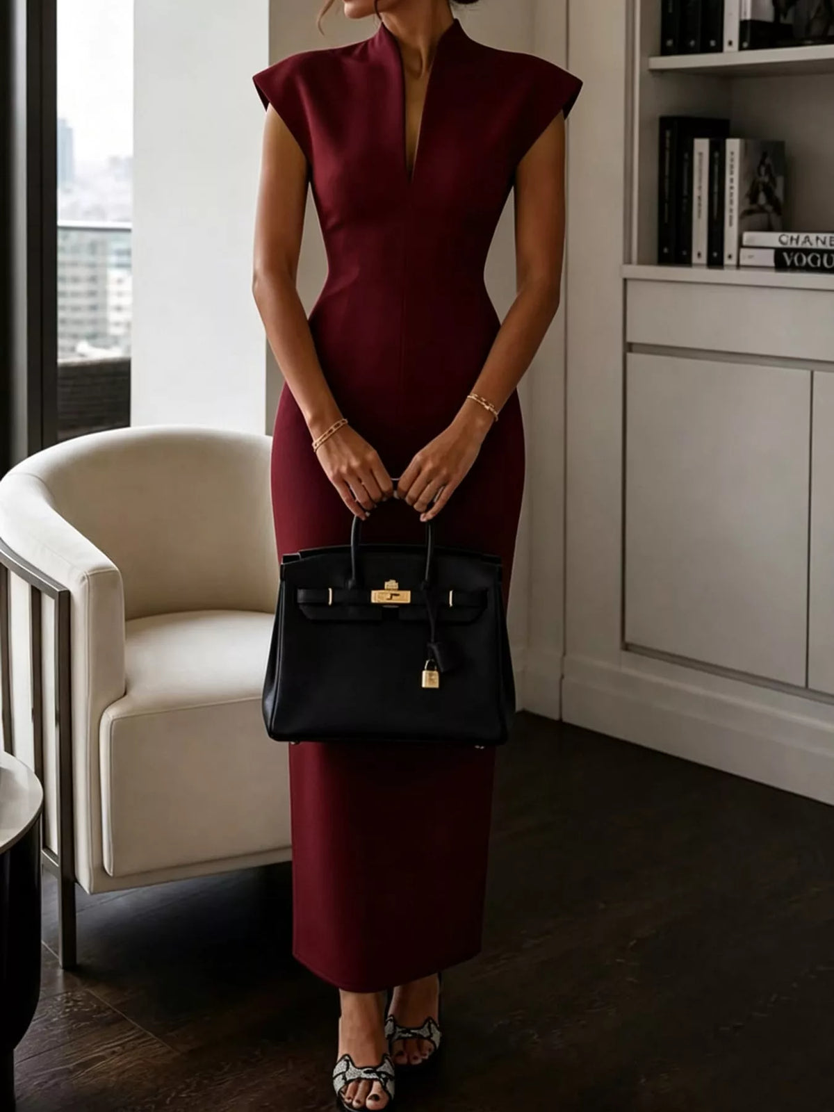 Women's Slit Sleeveless Bodycon Midi Dress in burgundy — front view